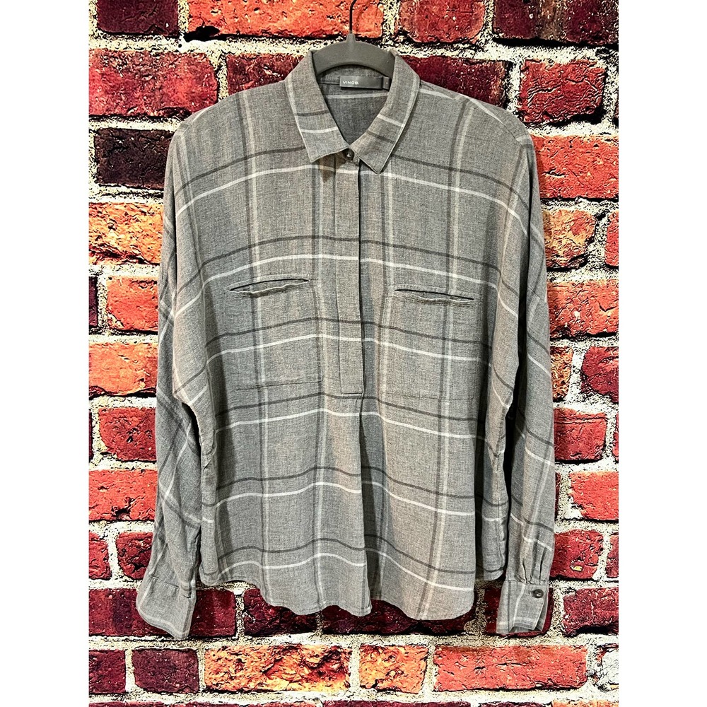 Vince Grey Black White Plaid Popover Top Size Medium
